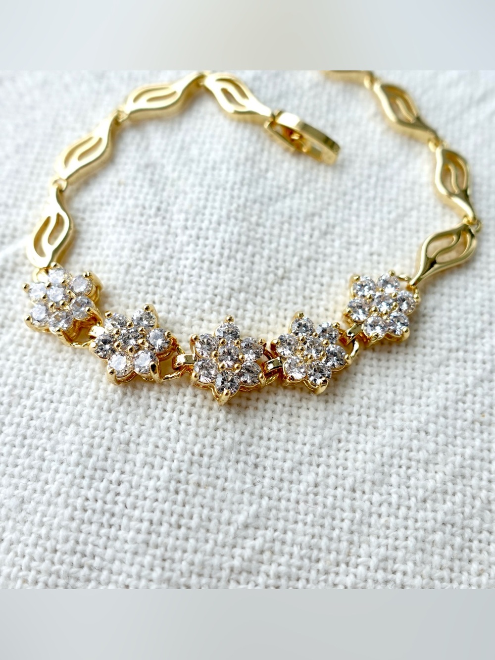 Gold Plated Crystal Flower Link Bracelet - Women Jewelry